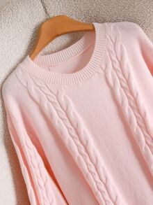 CosyJoli Plus Cable Knit Drop Shoulder Sweater - Pink - View 7