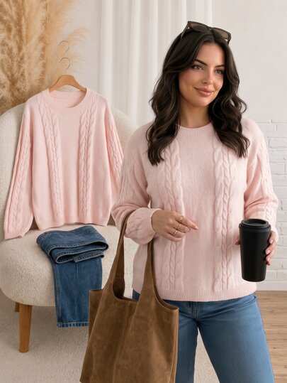 CosyJoli Plus Cable Knit Drop Shoulder Sweater