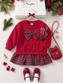 SHEIN Baby Girl Red Fleece Thick Christmas Plaid Patchwork Ruffle Hem Autumn Dress With Bow Decoration, Suitable For Christmas And Winter - Burgundy - View 1