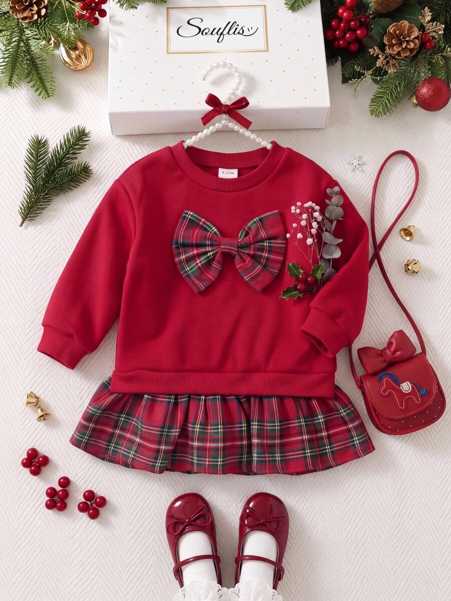 SHEIN Baby Girl Red Fleece Thick Christmas Plaid Patchwork Ruffle Hem Autumn Dress With Bow Decoration, Suitable For Christmas And Winter - Burgundy - View 1
