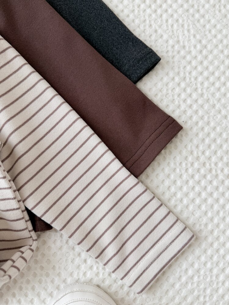 3pcs Toddler Boy Henley Shirts Preppy Brown Grey Cream Striped Rib Button Long Sleeve Round Neck Regular Birthday Party Winter Autumn Halloween Fleece - Brown - View 5