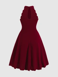 SHEIN 少女休闲优雅时尚纯红色立领无袖A字连衣裙，优雅花瓣下摆弧形下摆无袖连衣裙，情人节连衣裙 - 酒紅色 - 查看 2