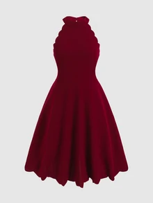 SHEIN 少女休闲优雅时尚纯红色立领无袖A字连衣裙，优雅花瓣下摆弧形下摆无袖连衣裙，情人节连衣裙 - 酒紅色 - 查看 3