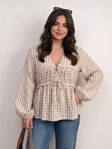 CosyJoli Plus Size Women Plaid Front Tie Lantern Sleeve Frill Trim Shirt Fall - Apricot - View 5