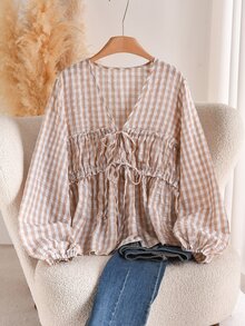 CosyJoli Plus Size Women Plaid Front Tie Lantern Sleeve Frill Trim Shirt Fall - Apricot - View 4
