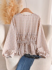 CosyJoli Plus Size Women Plaid Front Tie Lantern Sleeve Frill Trim Shirt Fall - Apricot - View 3