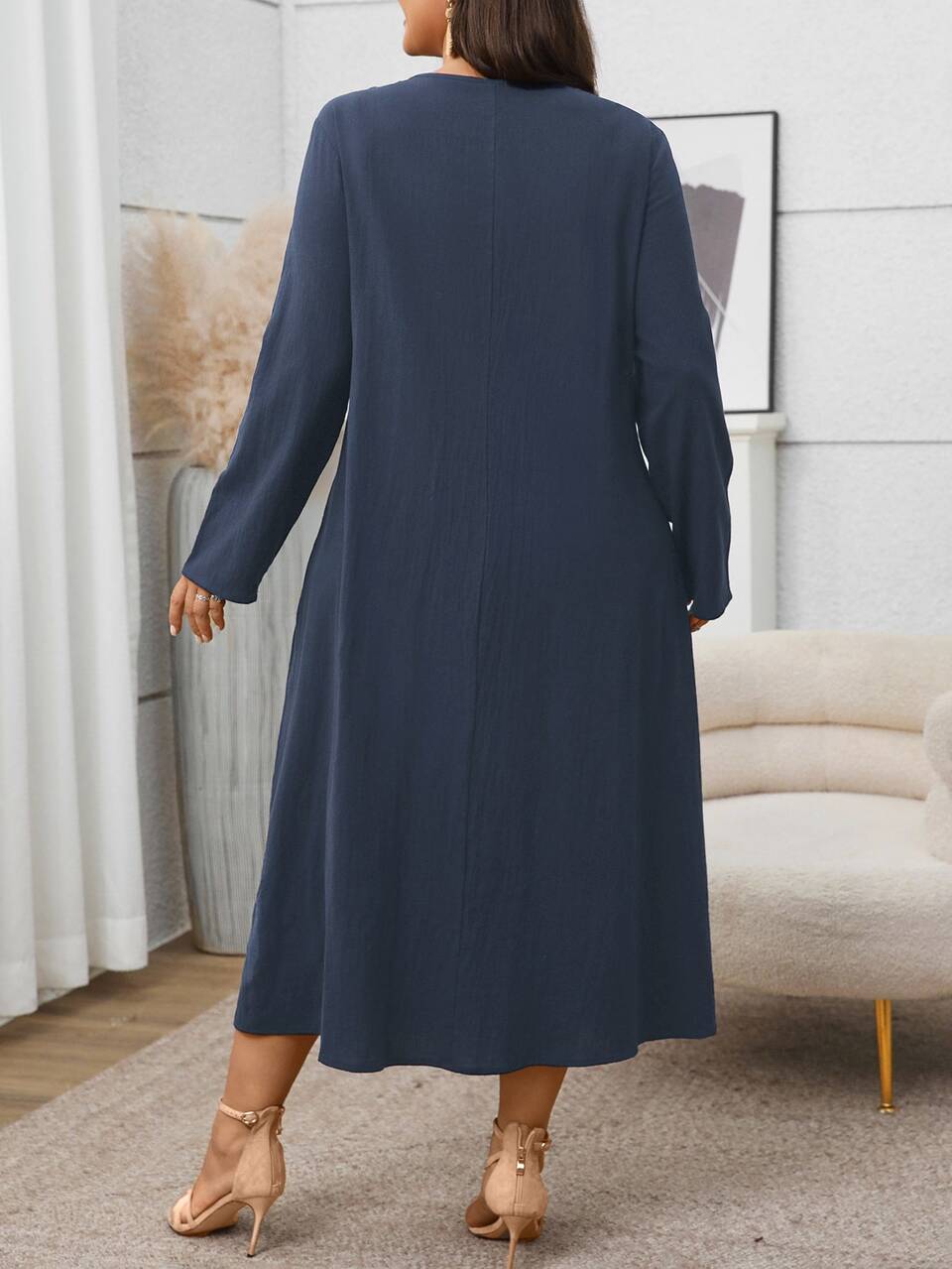 Plus Size Navy Blue Pocket Round Neck Long Sleeve Dress Fall Winter 2026