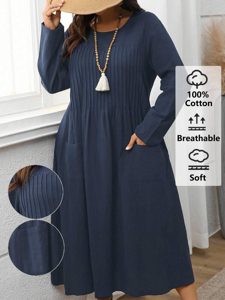 EMERY ROSE Plus Size Solid Dress For Autumn Vacation Clothes For Women Country Style Concert Brunch Formal Outfit Dates Navy Blue Normal Capsule Casual Soft Form - Navy Blue - View 6
