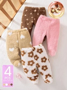 4件組幼女毛絨打底褲 柔軟加厚彈性 甜美可愛 粉色棕色白色 花朵愛心波點 適合生日派對 冬季聖誕與秋季穿著 - 咖啡棕 - 查看 3