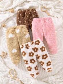 4件組幼女毛絨打底褲 柔軟加厚彈性 甜美可愛 粉色棕色白色 花朵愛心波點 適合生日派對 冬季聖誕與秋季穿著 - 咖啡棕 - 查看 2