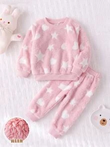 SHEIN Baby Girl Soft Plush Heart & Star Pattern Cute Versatile Long Sleeve Autumn Top, Thick For Winter - Pink - View 8