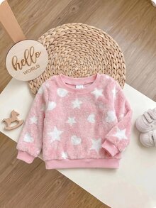 SHEIN Baby Girl Soft Plush Heart & Star Pattern Cute Versatile Long Sleeve Autumn Top, Thick For Winter - Pink - View 3