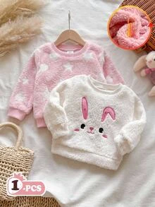 SHEIN Baby Girl Soft Plush Heart & Star Pattern Cute Versatile Long Sleeve Autumn Top, Thick For Winter - Pink - View 1