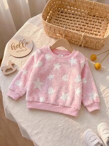 SHEIN Baby Girl Soft Plush Heart & Star Pattern Cute Versatile Long Sleeve Autumn Top, Thick For Winter - Pink - View 6