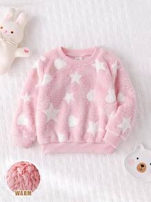 SHEIN Baby Girl Soft Plush Heart & Star Pattern Cute Versatile Long Sleeve Autumn Top, Thick For Winter - Pink - View 7