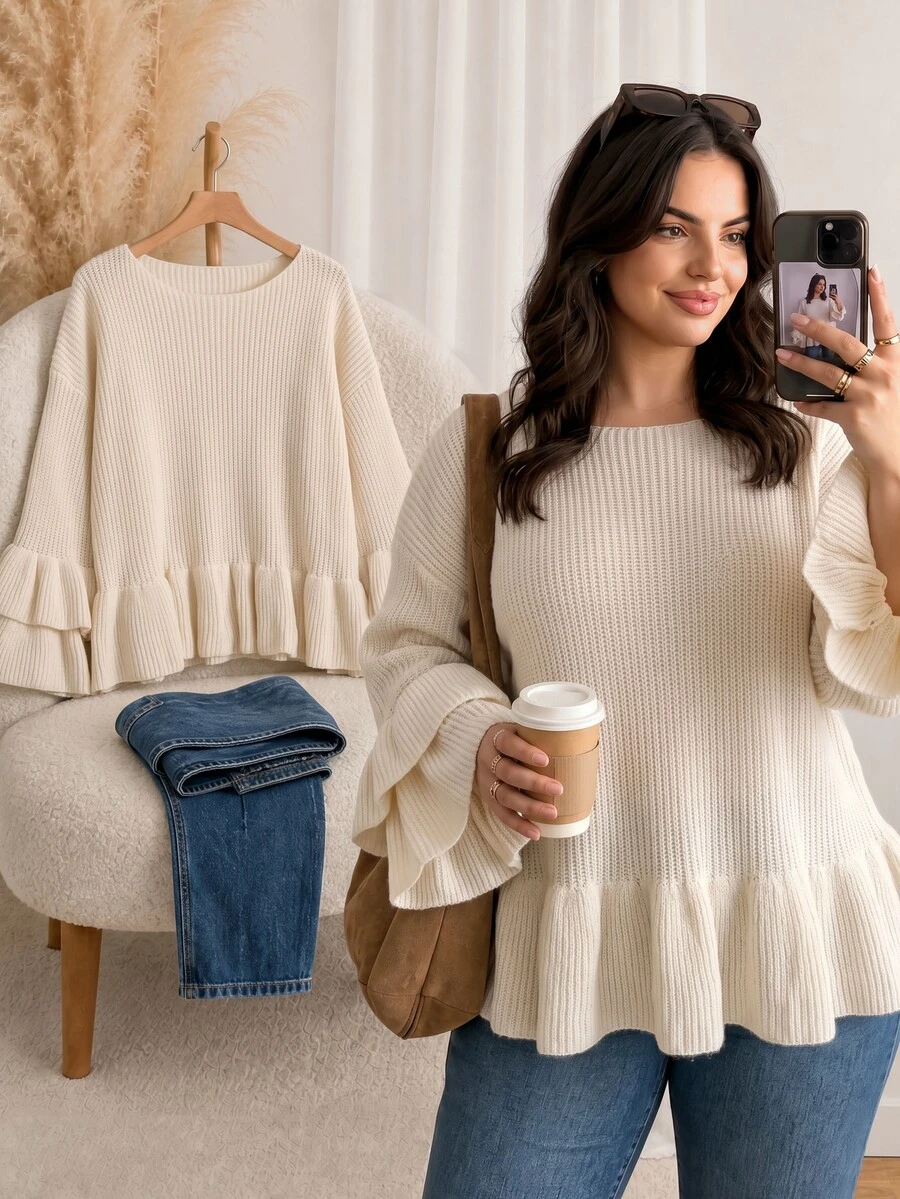 CosyJoli Women Fall Winter Off White Plus Size Loose Ribbed Knit Pullover Sweater, Round Neck Double Ruffle Trim On Hem & Sleeve Casual Knit Top