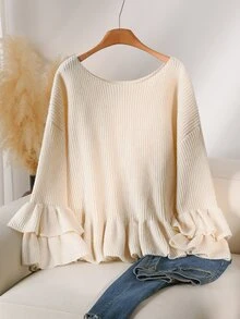 CosyJoli Women Fall Winter Off White Plus Size Loose Ribbed Knit Pullover Sweater, Round Neck Double Ruffle Trim On Hem & Sleeve Casual Knit Top - Grey - View 4