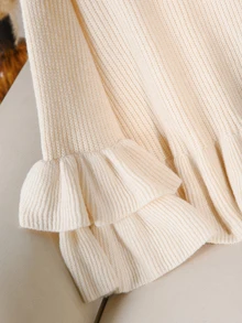 CosyJoli Women Fall Winter Off White Plus Size Loose Ribbed Knit Pullover Sweater, Round Neck Double Ruffle Trim On Hem & Sleeve Casual Knit Top - Grey - View 6