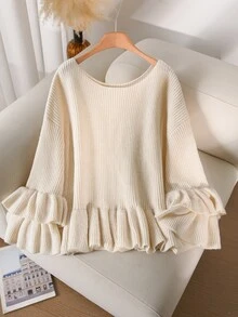 CosyJoli Women Fall Winter Off White Plus Size Loose Ribbed Knit Pullover Sweater, Round Neck Double Ruffle Trim On Hem & Sleeve Casual Knit Top - Grey - View 7