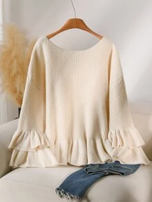 CosyJoli Women Fall Winter Off White Plus Size Loose Ribbed Knit Pullover Sweater, Round Neck Double Ruffle Trim On Hem & Sleeve Casual Knit Top - Grey - View 3