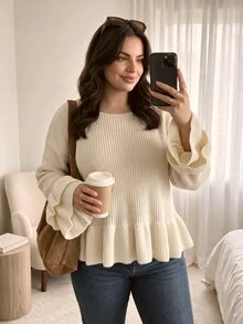 CosyJoli Women Fall Winter Off White Plus Size Loose Ribbed Knit Pullover Sweater, Round Neck Double Ruffle Trim On Hem & Sleeve Casual Knit Top - Grey - View 5