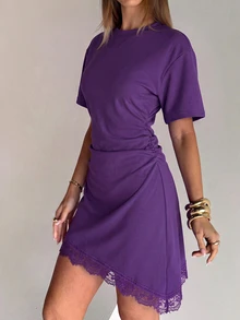Aloruh Women's Elegant Round Neck Asymmetrical Hem Lace Patchwork Cinched Waist Short Sleeve Mini Dress - Purple - View 5