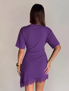 Aloruh Women's Elegant Round Neck Asymmetrical Hem Lace Patchwork Cinched Waist Short Sleeve Mini Dress - Purple - View 2