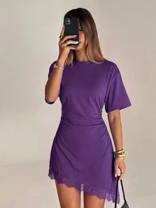 Aloruh Women's Elegant Round Neck Asymmetrical Hem Lace Patchwork Cinched Waist Short Sleeve Mini Dress - Purple - View 7