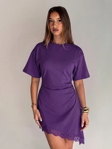 Aloruh Women's Elegant Round Neck Asymmetrical Hem Lace Patchwork Cinched Waist Short Sleeve Mini Dress - Purple - View 4