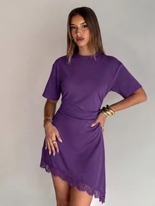 Aloruh Women's Elegant Round Neck Asymmetrical Hem Lace Patchwork Cinched Waist Short Sleeve Mini Dress - Purple - View 8