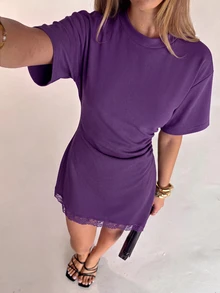 Aloruh Women's Elegant Round Neck Asymmetrical Hem Lace Patchwork Cinched Waist Short Sleeve Mini Dress - Purple - View 6