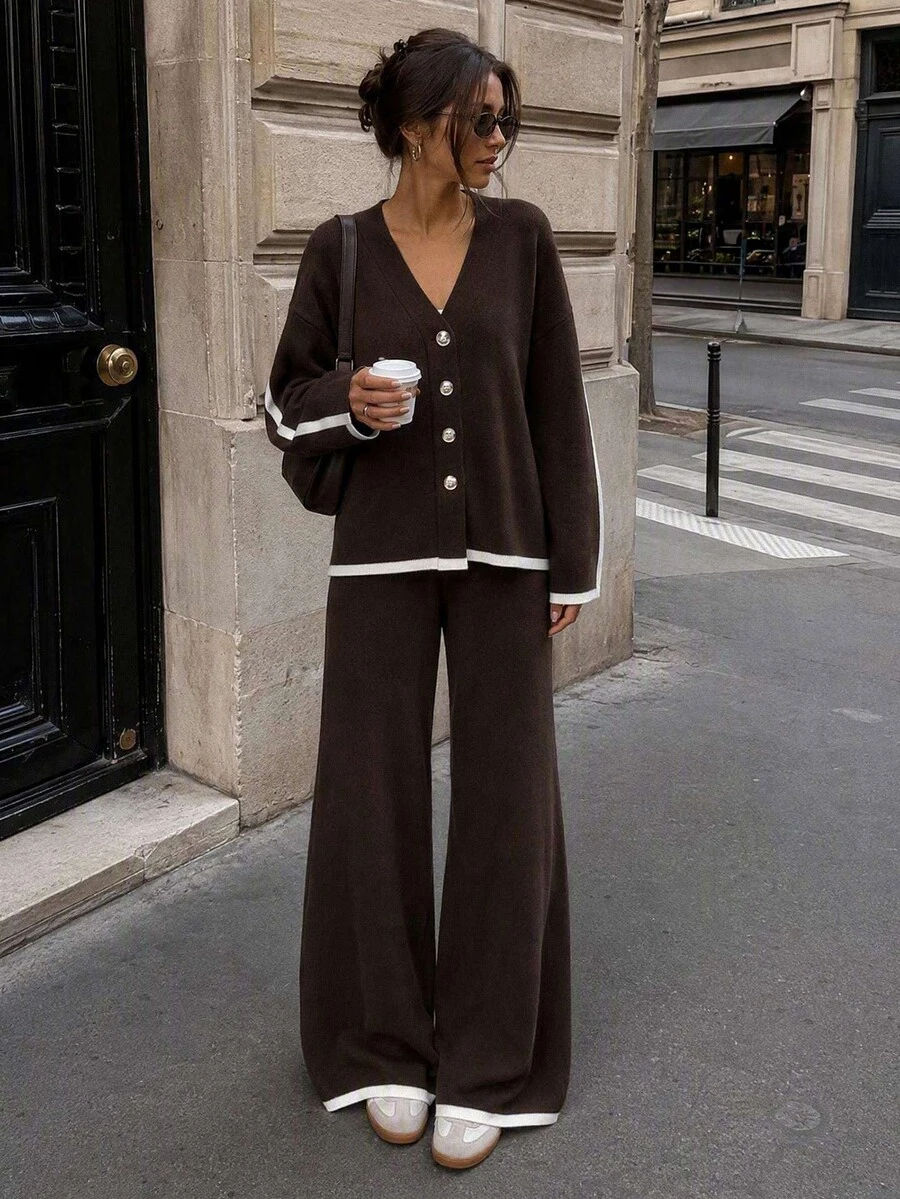 SHEIN Solid Contrast Trim V Neck Button Front Knit Top & High Waist Wide Leg Lounge Pants Co-Ord - Brown - View 1