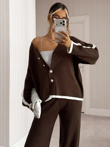 SHEIN Solid Contrast Trim V Neck Button Front Knit Top & High Waist Wide Leg Lounge Pants Co-Ord - Brown - View 5