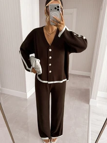 SHEIN Solid Contrast Trim V Neck Button Front Knit Top & High Waist Wide Leg Lounge Pants Co-Ord - Brown - View 4