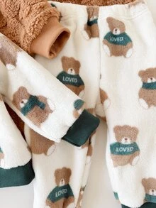 SHEIN Vintaside Kids 2件組嬰兒與幼兒男童套裝，0-3歲秋冬休閒居家服，法蘭絨抓絨 - 綠色 - 查看 7
