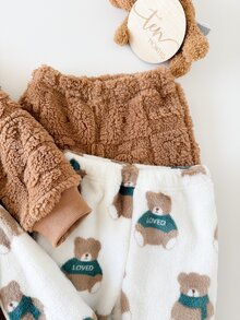 SHEIN Vintaside Kids 2件組嬰兒與幼兒男童套裝，0-3歲秋冬休閒居家服，法蘭絨抓絨 - 綠色 - 查看 6