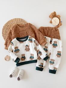 SHEIN Vintaside Kids 2件組嬰兒與幼兒男童套裝，0-3歲秋冬休閒居家服，法蘭絨抓絨 - 綠色 - 查看 4