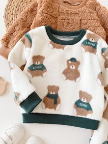 SHEIN Vintaside Kids 2件組嬰兒與幼兒男童套裝，0-3歲秋冬休閒居家服，法蘭絨抓絨 - 綠色 - 查看 5