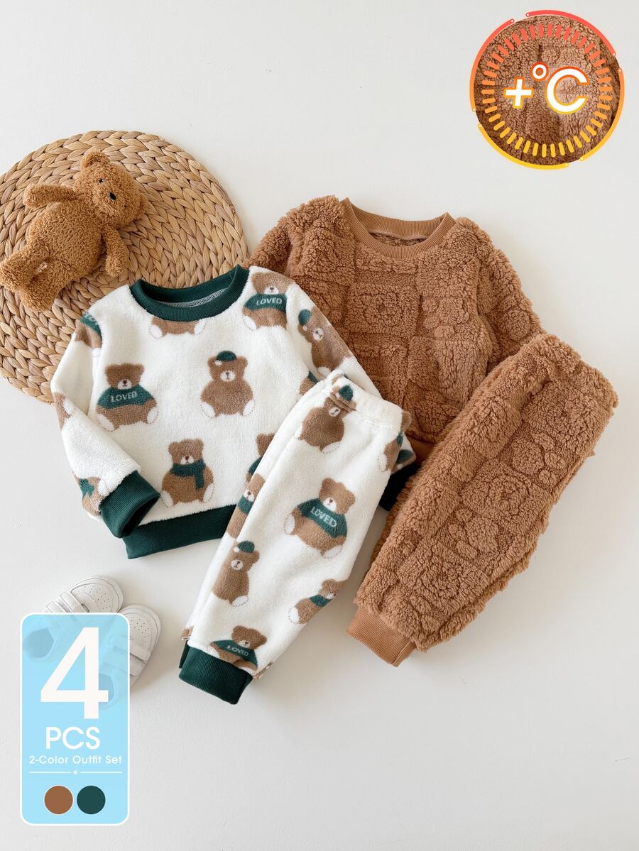 SHEIN Vintaside Kids 2件組嬰兒與幼兒男童套裝,0-3歲秋冬休閒居家服,法蘭絨抓絨 - 綠色 - 查看 1