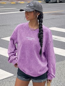 Muchica 女款字母印花休閒百搭日常穿著長袖運動衫 - 淡紫色 - 查看 5