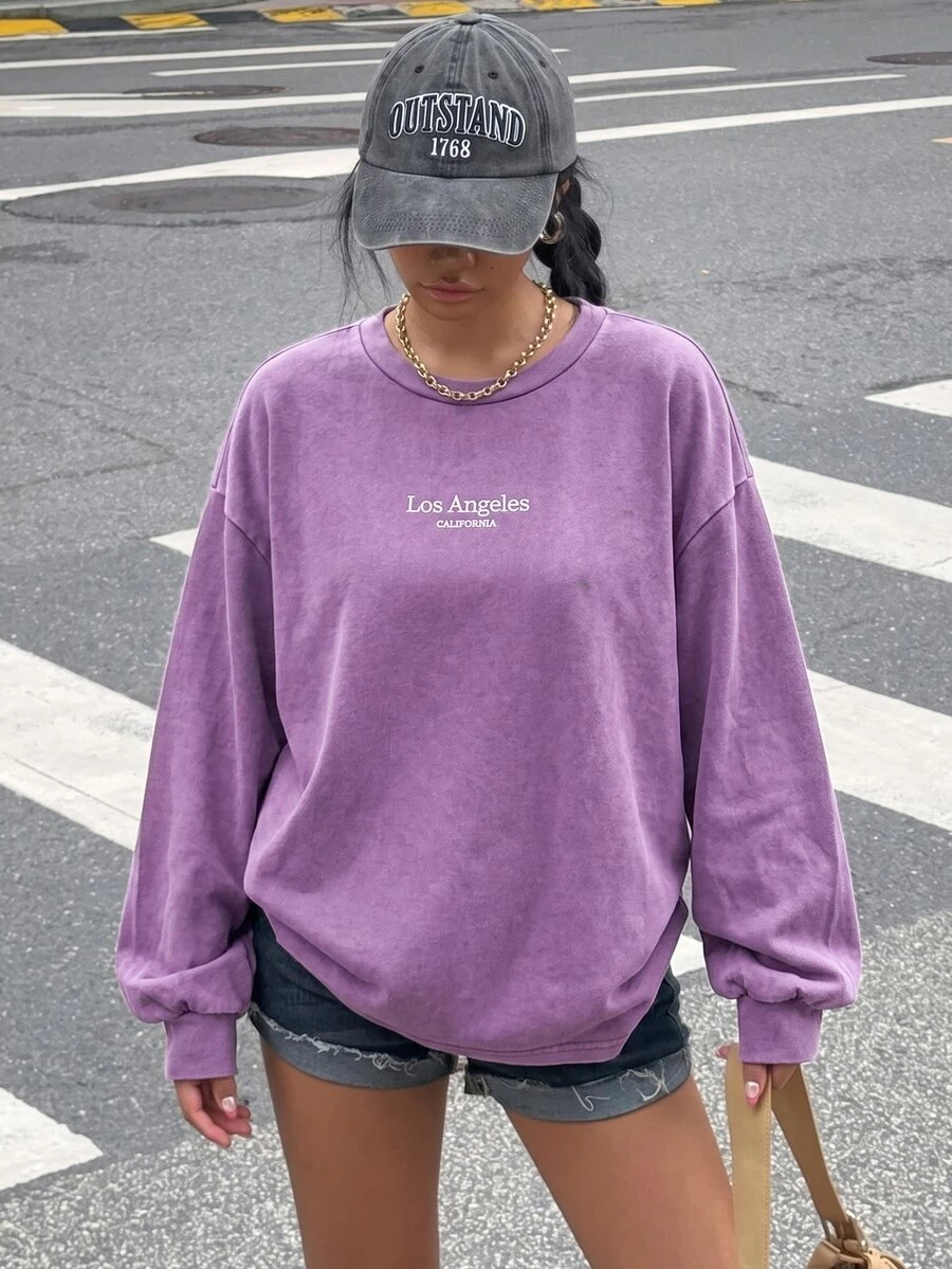 Muchica 女款字母印花休閒百搭日常穿著長袖運動衫 - 淡紫色 - 查看 1