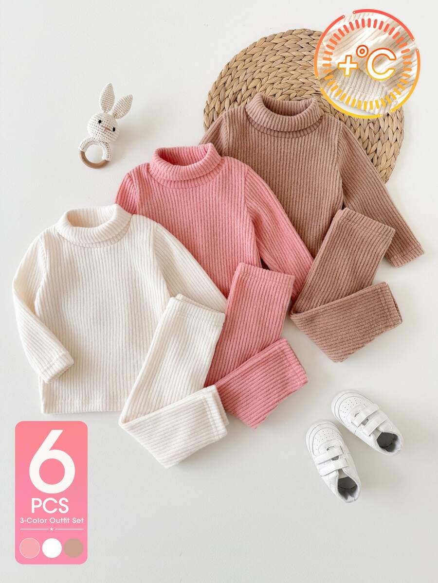 6件組女嬰上衣+長褲套裝,可愛甜美粉色與棕色羅紋素色內裡長袖高領加厚款,適合生日派對、冬季、萬聖節、聖誕節活動穿著 - 彩色 - 查看 1