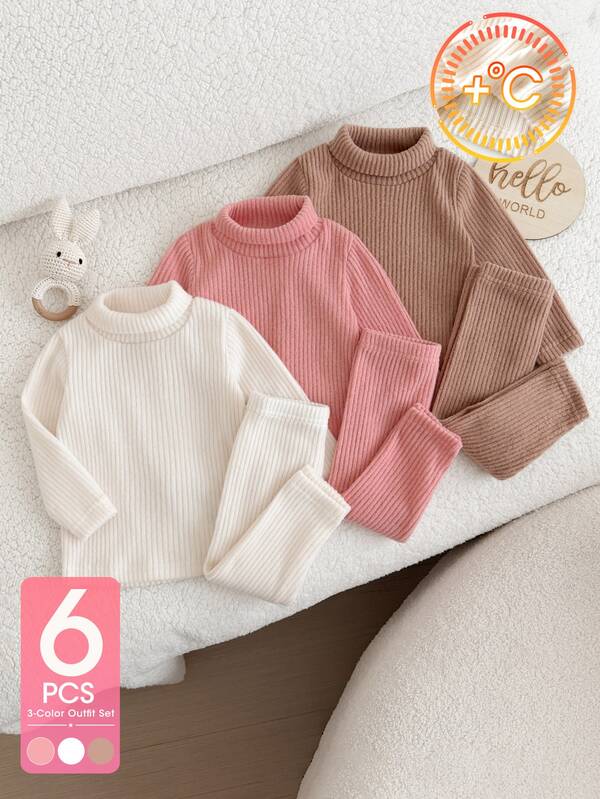3pcs/Set Thermal Lined Comfortable Fabric Baby Outfit, High Neck Long Sleeve Top With Matching Pants. Comfortable Fabric.