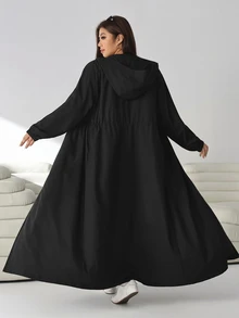 Solflare Plus Size Women's Solid Color Long Sleeve Single-Breasted Drawstring Waist Casual Hooded Jacket Fall - Black - View 7