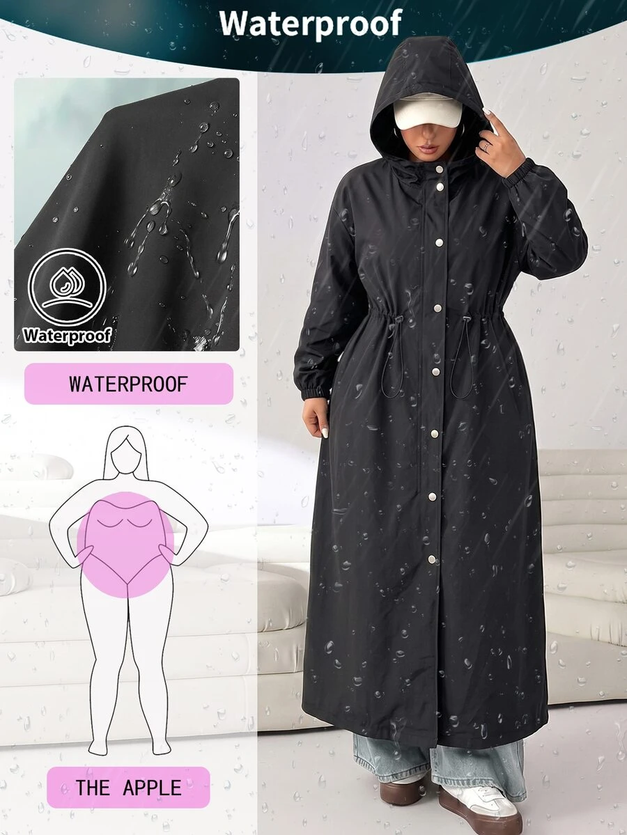 Solflare Plus Size Women's Solid Color Long Sleeve Single-Breasted Drawstring Waist Casual Hooded Jacket Fall