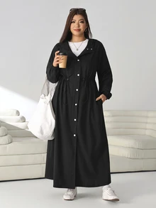 Solflare Plus Size Women's Solid Color Long Sleeve Single-Breasted Drawstring Waist Casual Hooded Jacket Fall - Black - View 4