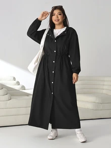 Solflare Plus Size Women's Solid Color Long Sleeve Single-Breasted Drawstring Waist Casual Hooded Jacket Fall - Black - View 5