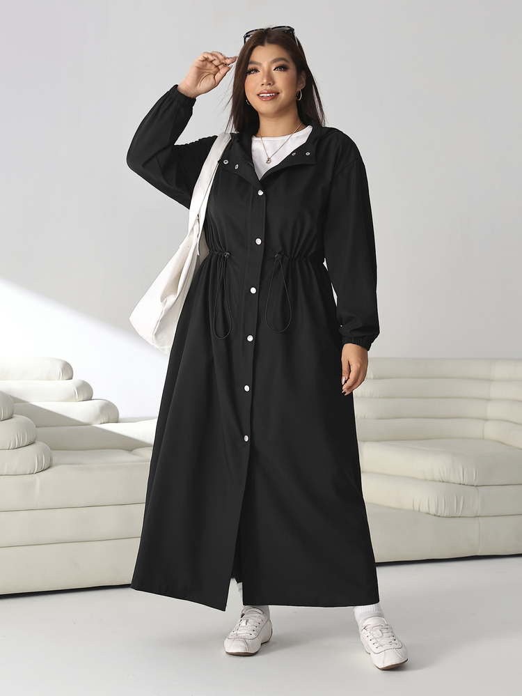 Solflare Plus Size Women's Solid Color Long Sleeve Single-Breasted Drawstring Waist Casual Hooded Jacket Fall - Black - View 4