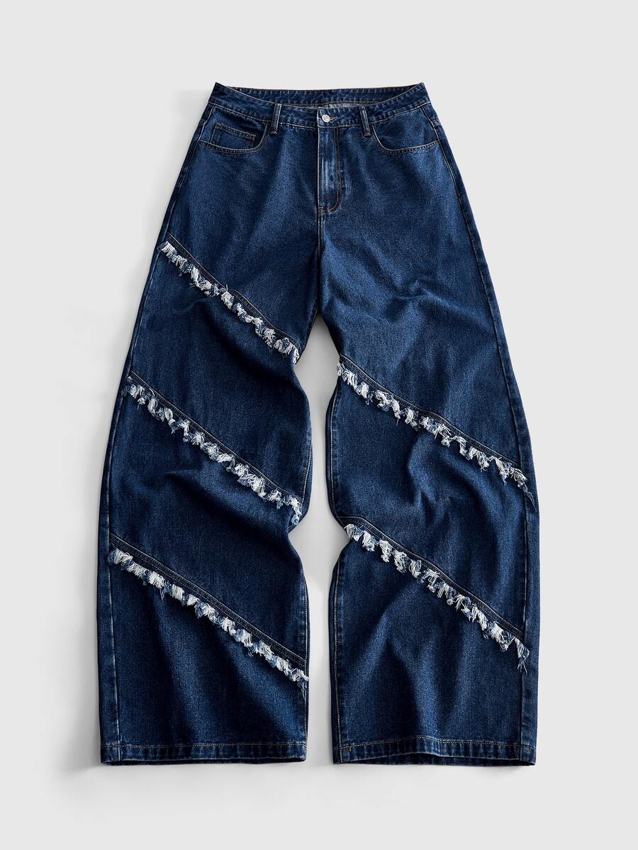 ROMWE MEN Street Life Men's Casual Washed Frayed Hem Curved Leg Jeans - Blue - View 1