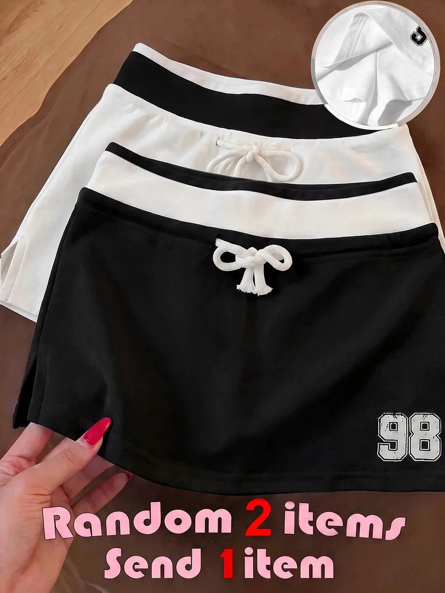 SHEIN 青少年女孩針織小波點內建內搭褲休閒抽繩裙 - 白色 - 查看 1
